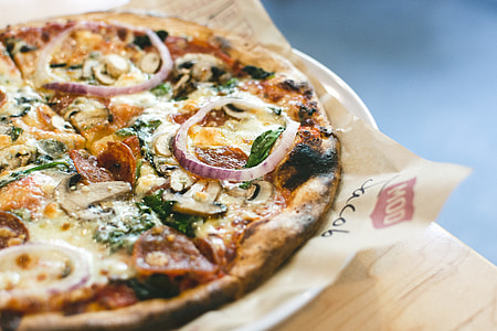 Crusty pizza with salami, mushrooms and onion thumbnail