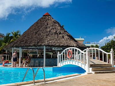 brown wooden gazebo near swimming pool with brown and white wooden footbridge thumbnail