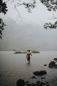topless man walking on body of water during rain thumbnail