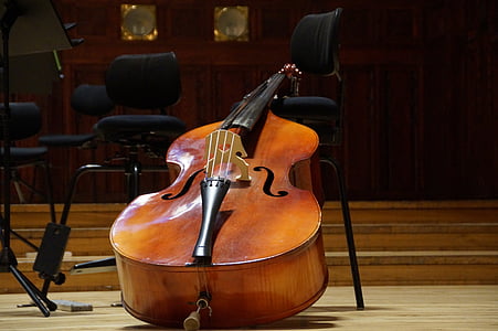 wooden cello leaning on chair thumbnail