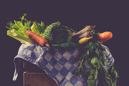 assorted varieties of vegetables on white and blue checkered textile thumbnail