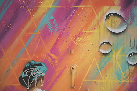 purple, yellow, and teal pattern wooden door thumbnail