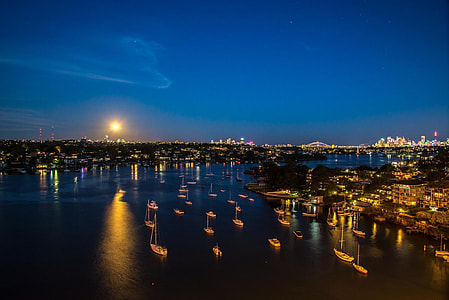 sailboats near city buildings at nighttime thumbnail
