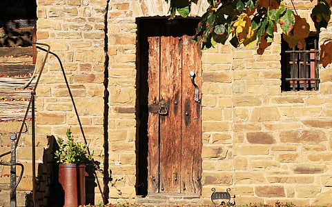photo of brown wooden closed door with brick wall frame thumbnail