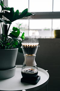 clear glass coffee drip jar beside green plant thumbnail