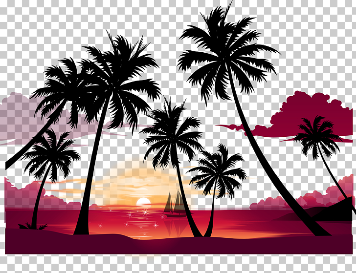 Display resolution Summer , Beach sunset poster background material, coconut trees near beach painting PNG clipart