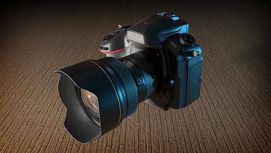 black Nikon DSLR camera on brown slab thumbnail