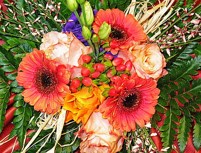 orange Gerbera daisy flowers and pink rose flowers bouquet thumbnail