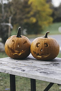 two pumpkins on gray wooden table thumbnail