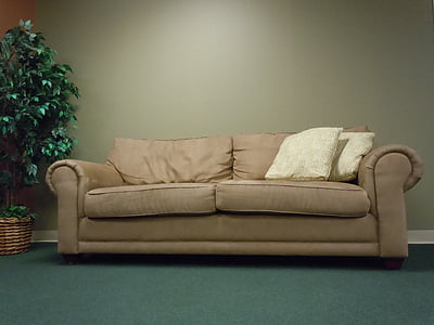 brown fabric 2-seat sofa with two pillow near green leaf potted plant thumbnail