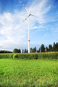 white and red wind turbine in green plant field thumbnail