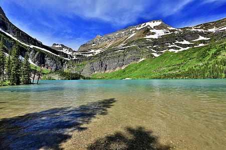 snow filled mountain near body of water thumbnail