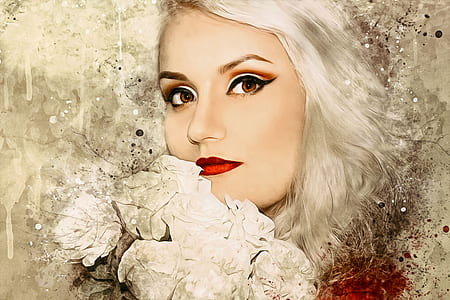 woman with white hair holding white flowers thumbnail