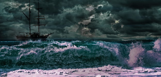 brown ship sailing into stormy weather painting thumbnail