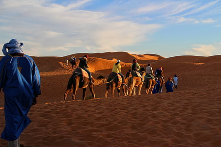people riding on horse on desert under blue cloudy sky during daytime thumbnail