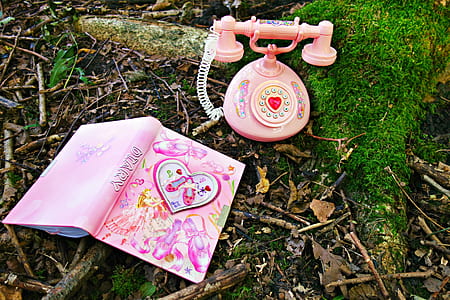 pink and white rotary phone beside diary on tree branches thumbnail