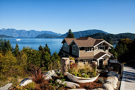 mountains, sky, water, house thumbnail