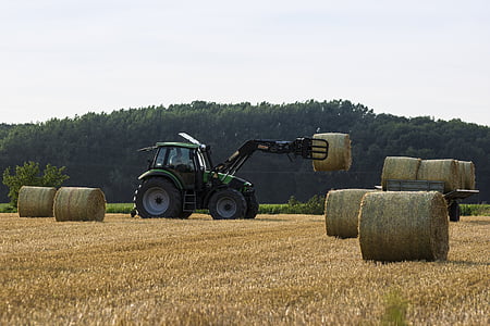 green and black hay collector truck on field carrying hay towards truck thumbnail