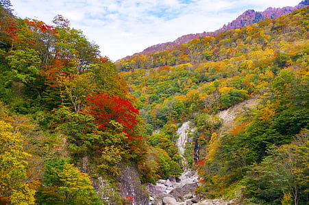 water falls overlooking mountain under cloudy sky during daytime photography thumbnail