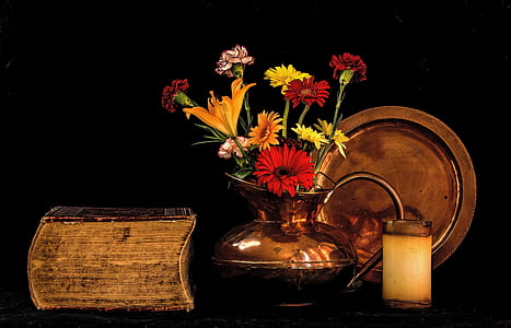 yellow and red flowers in brass teapot thumbnail