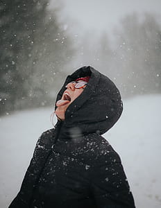 person wearing black coat opening mouth facing upward thumbnail