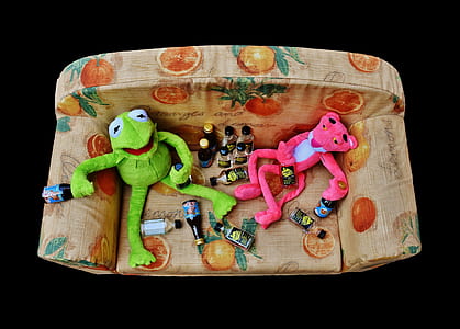 Pink Panther and Kermit The Frog plush toys sitting on sofa thumbnail