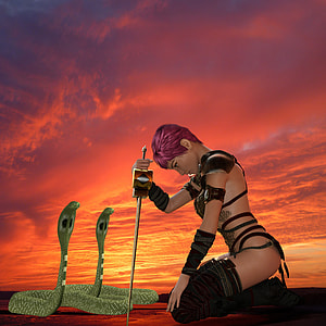 woman holding sword in front of two snakes digital wallpaper thumbnail
