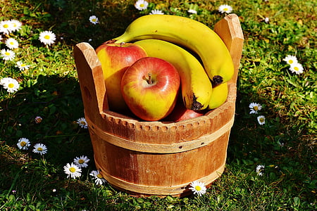 banana and apple fruit in barrel at daytime thumbnail