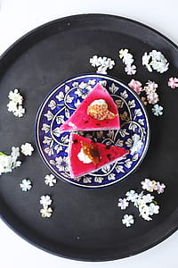 Sliced Strawberry Cake on Plate With Black Tray thumbnail