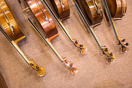 five brown violins on brown carpet thumbnail
