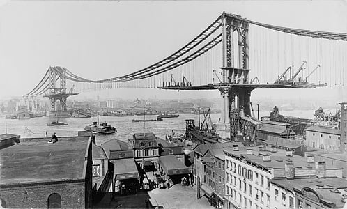 graycale photography of suspension bridge thumbnail