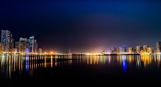 panoramic photography of lighted cityscape across body of water during nighttime thumbnail