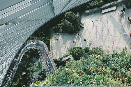 people walking on pathway and concrete floor in aerial photography thumbnail