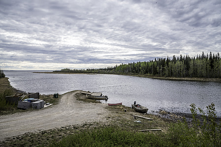Landscape, river, and boat Launch at Kakisa thumbnail