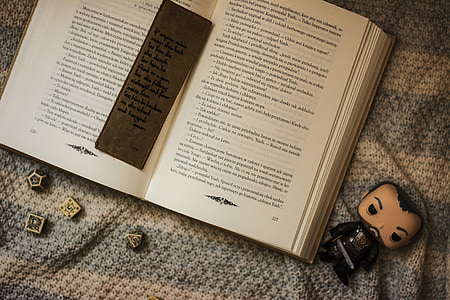 opened book beside bobblehead figurine thumbnail