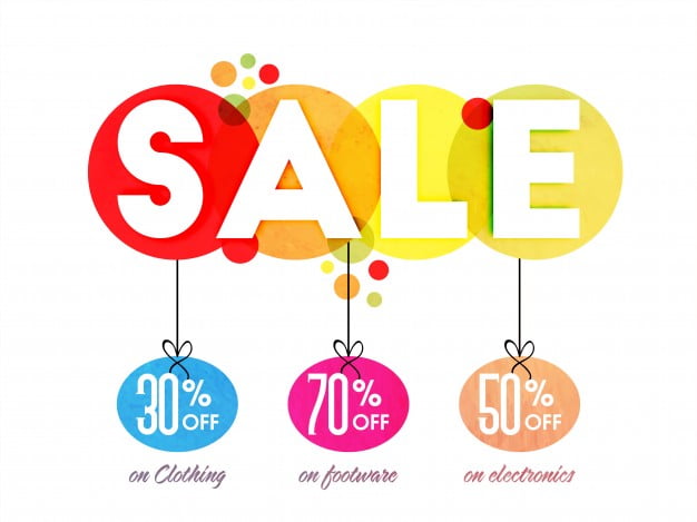 White Text Sale With Hanging Discount Percentages On Different