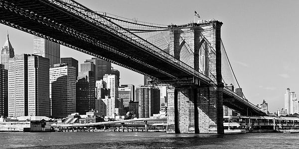 grayscale photo of suspension bridge thumbnail