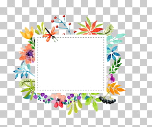 Watercolor flowers border material, rectangular multicolored floral frame illustration PNG clipart