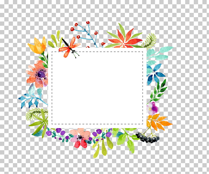 Watercolor flowers border material, rectangular multicolored floral frame illustration PNG clipart