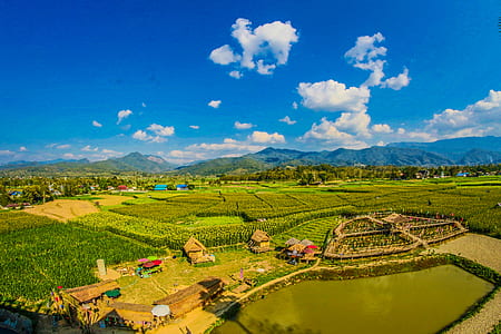 Rice Field With Mountain and Houses during Cloudy Day thumbnail
