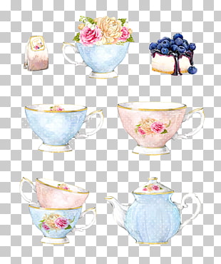 Coffee cup Porcelain Vase Saucer, decorative hand-painted watercolor background, teapot set PNG clipart