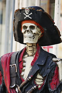 red and black skeleton with pirate costume at daytime thumbnail