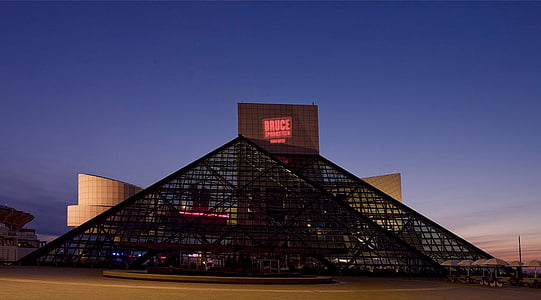 Rock and Roll Hall of Fame under blue sky during golden hour thumbnail
