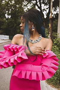 Woman Wearing Pink Off-shoulder Dress thumbnail