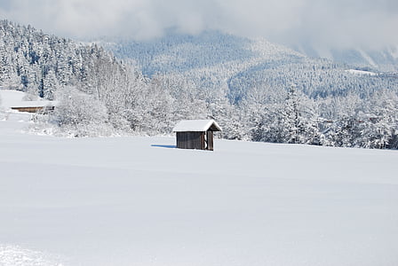 photo of brown wooden house covered by snow during daytime thumbnail