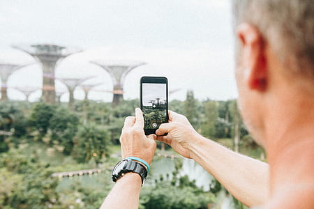 person holding smartphone while taking picture of Supertree Grove, Singapore thumbnail