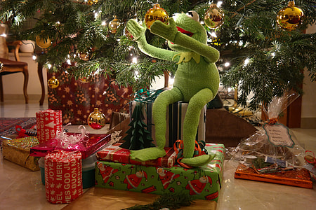 green frog plush toy beside Christmas tree thumbnail