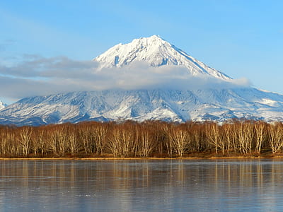snow-covered mountain near body of water thumbnail