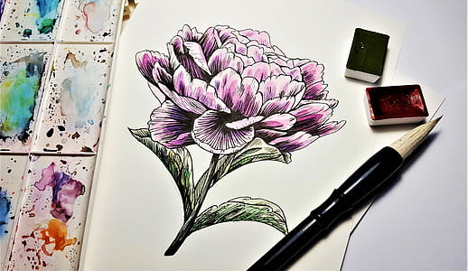 brown and black paintbrush on pink, black, and white petaled flower sketch paper and two black and red color paints thumbnail