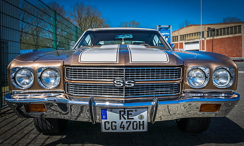 brown and white Chevrolet Chevelle with RE CG 470H license plate parked beside a green fence at daytime thumbnail